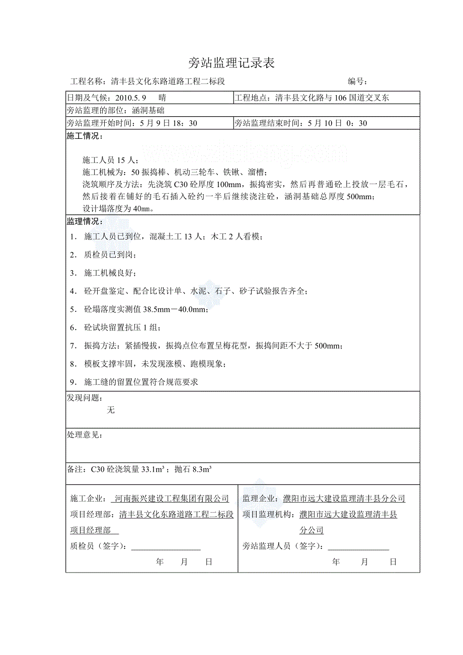 道路工程混凝土施工监理旁站记录表（涵洞路面）_第1页