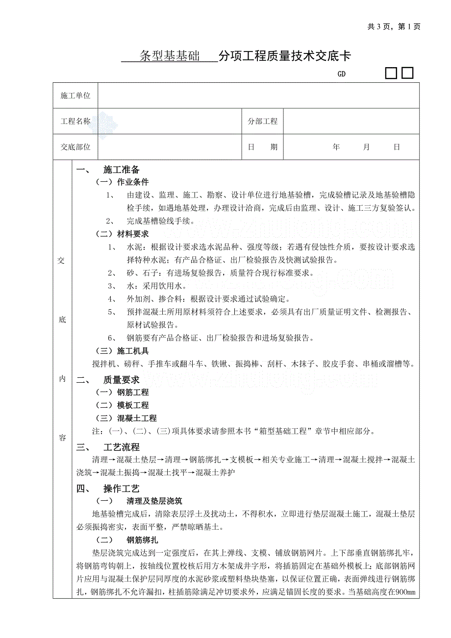 工艺工法qc条型基基础分项工程质量技术交底_第1页