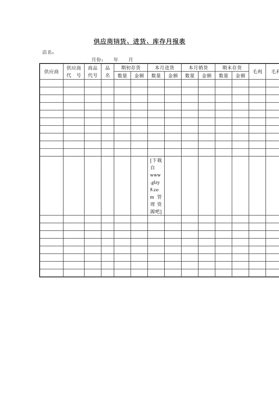仓库管理表格——供应商销货、进货、库存月报表_第1页
