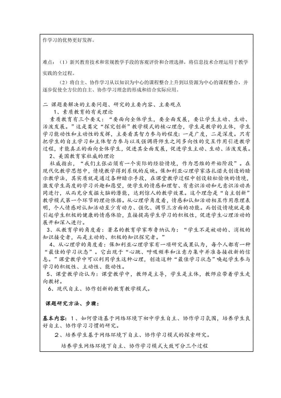 基于网络环境下初中学生自主、_协作学习模式的研究课题申报书_第5页