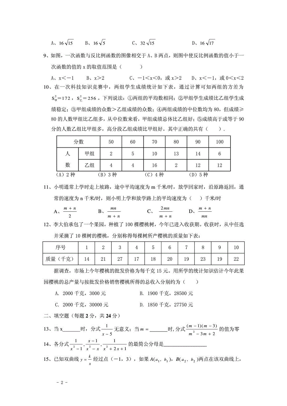 人教版八年级下册数学期末试卷及答案_1870693908_第2页