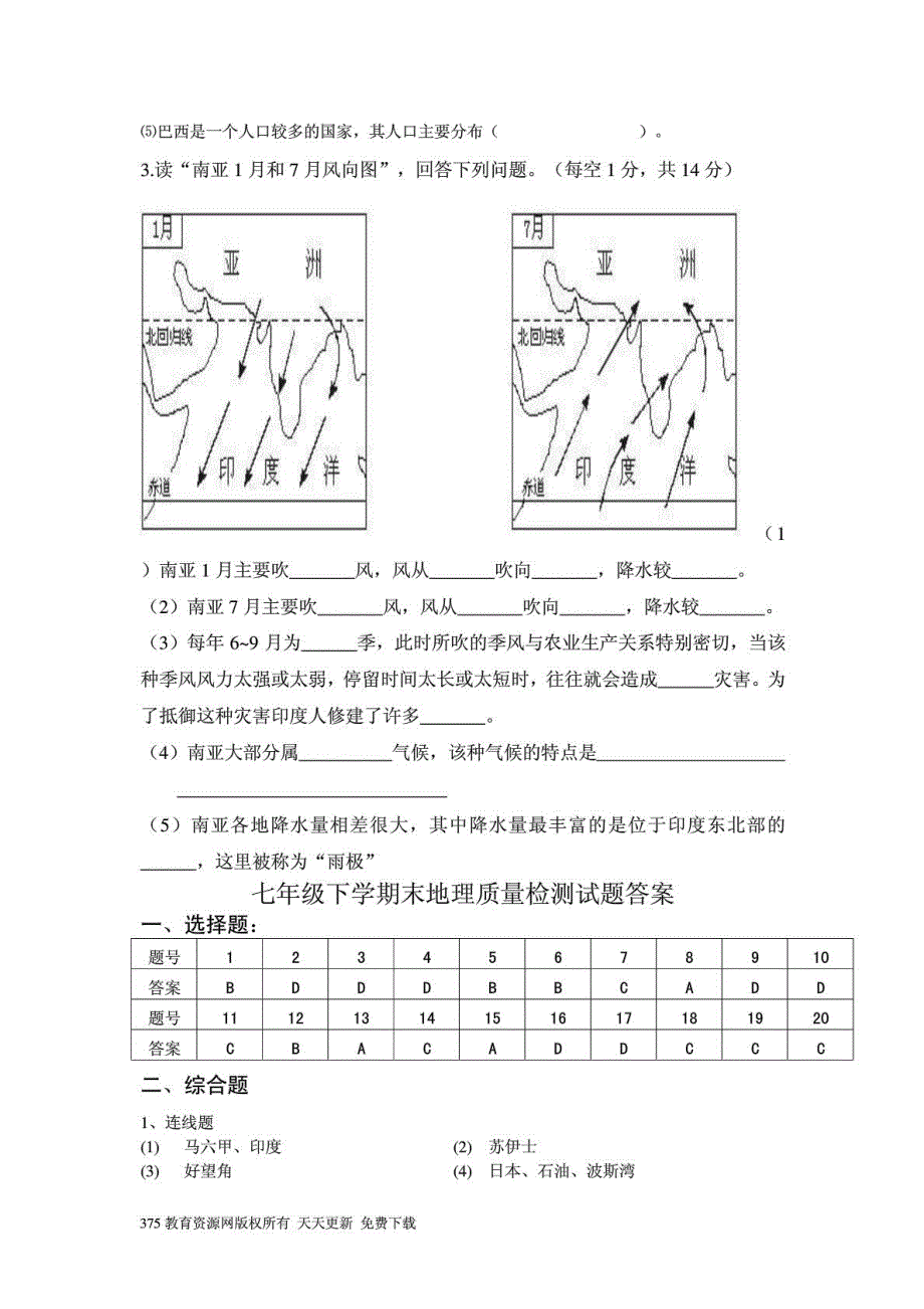 人教版七年级地理下册期末检测试卷及答案2_1890593191_第4页