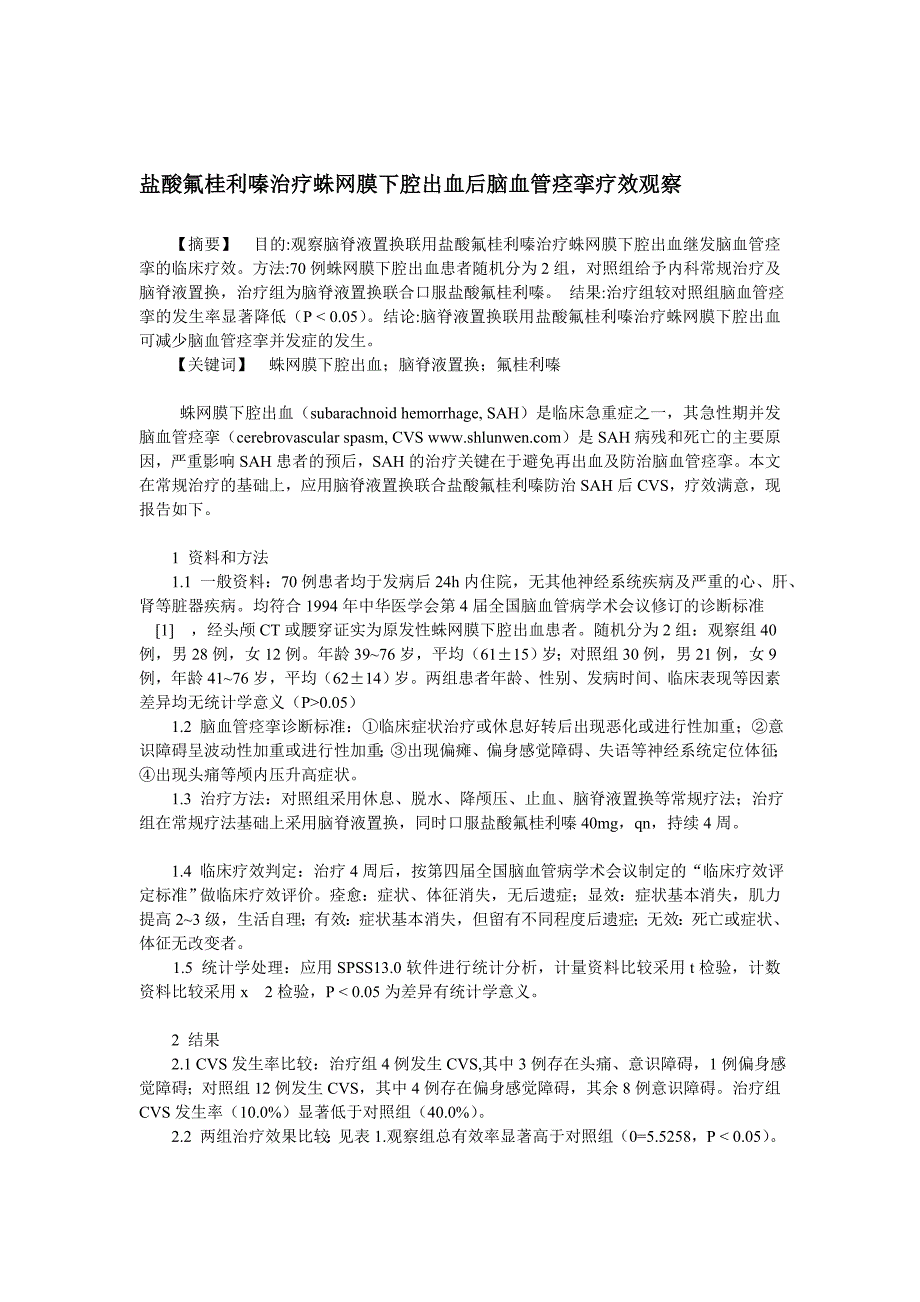 盐酸氟桂利嗪治疗蛛网膜下腔出血后脑血管痉挛疗效观察迟疑_第1页