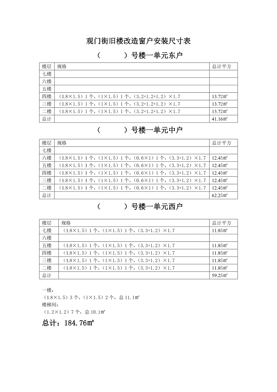 观门街旧楼改造窗户安装尺寸表一单元_第1页