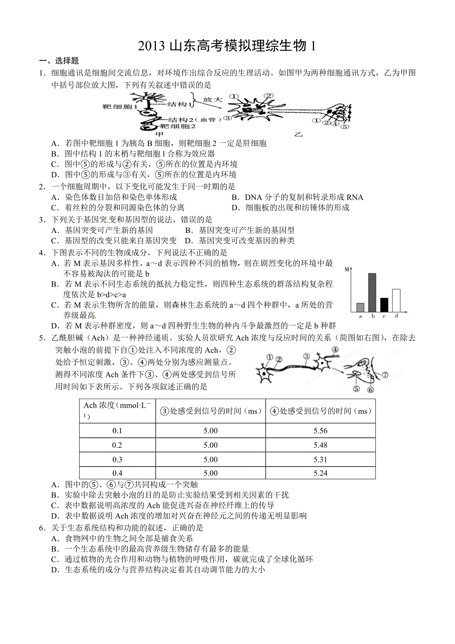 2013山东高考模拟 理综生物1_第1页