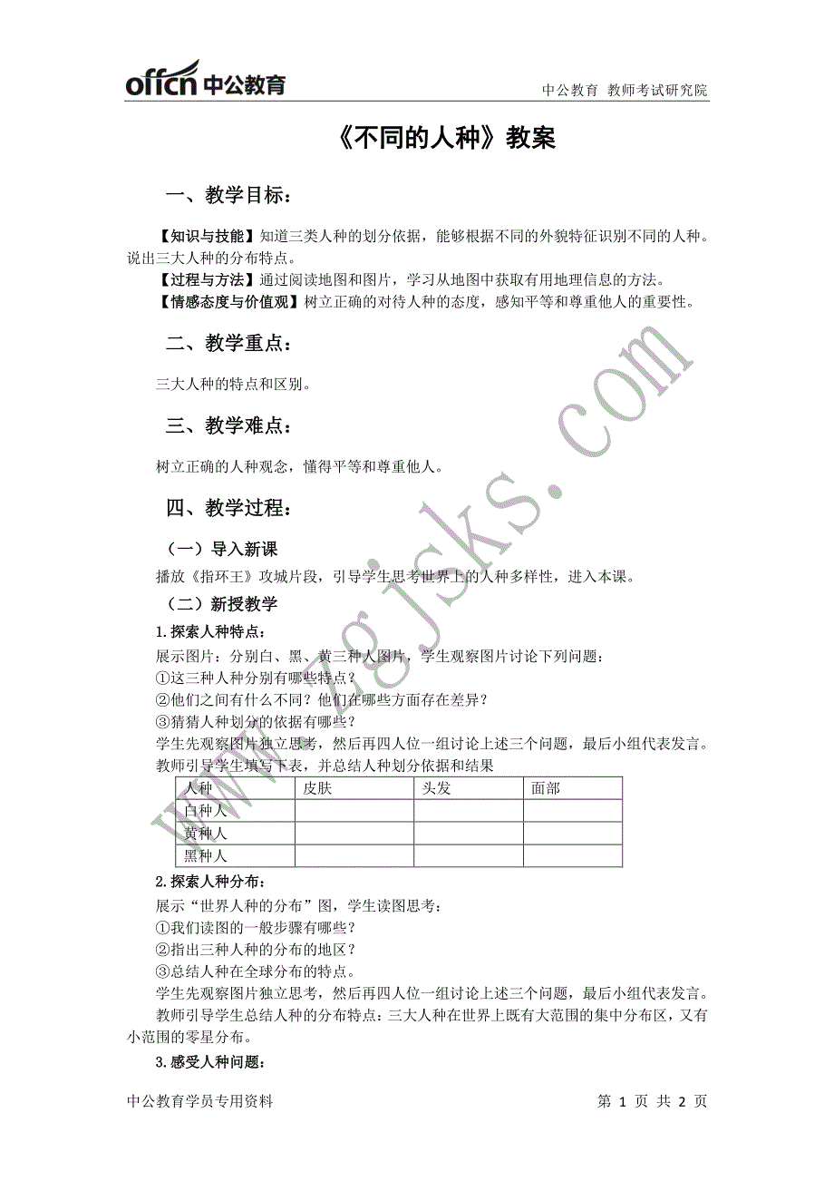 《不同的人种》教案_第1页