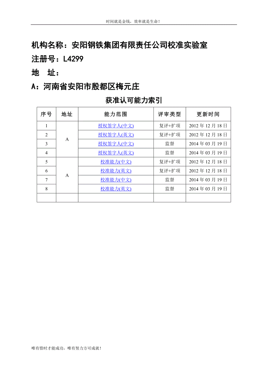 机构名称：安阳钢铁集团有限责任公司校准实验室_第1页