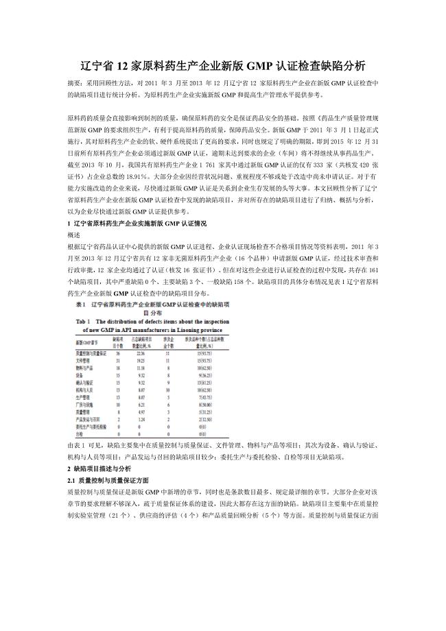 辽宁省12家原料药生产企业新版GMP认证检查缺陷分析