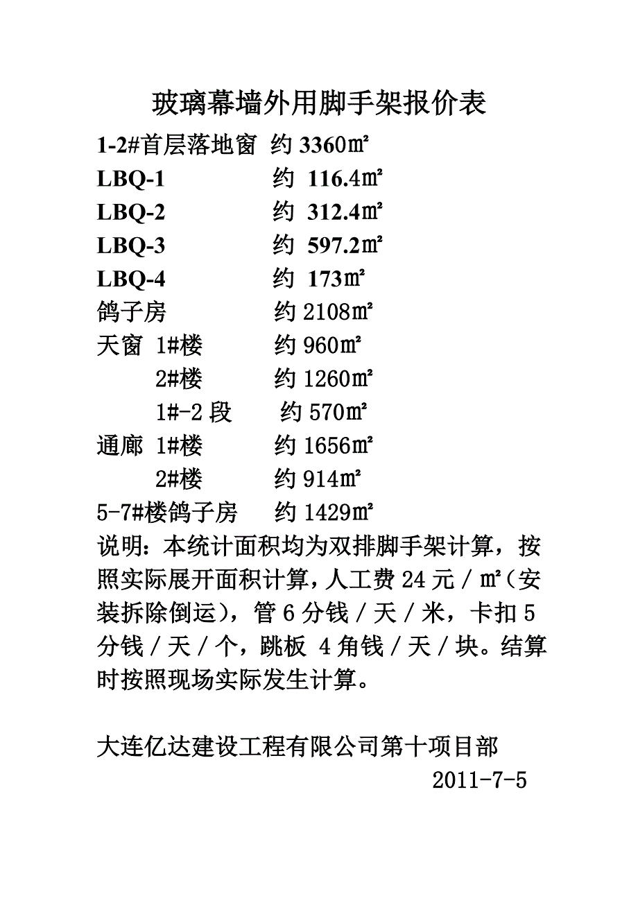 玻璃幕墙外用脚手架报价表_第1页