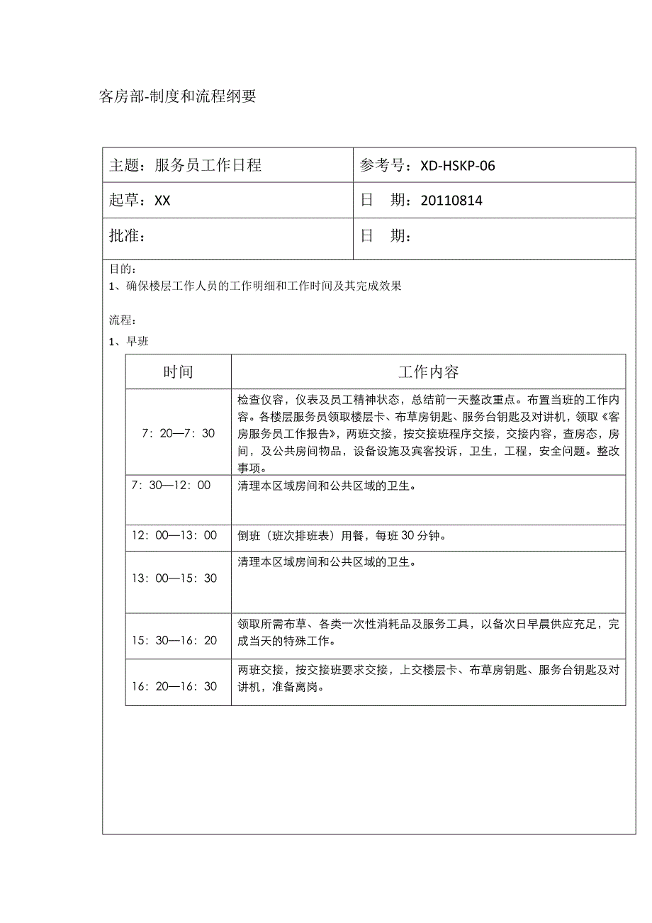 快捷酒店_客房SOP-服务员工作日程-6_第1页