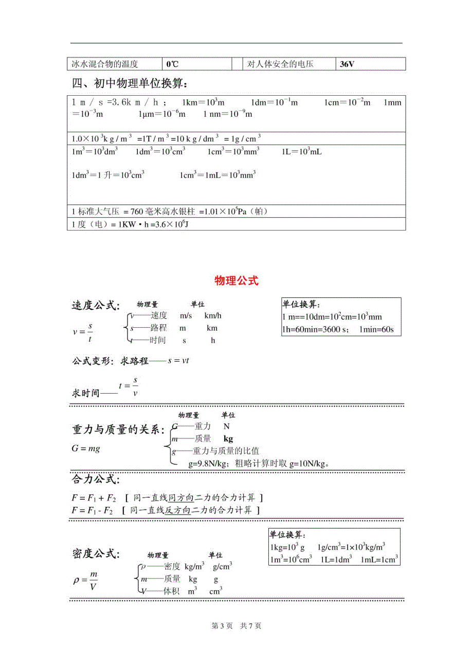 初中物理全部的单位换算及公式_第3页