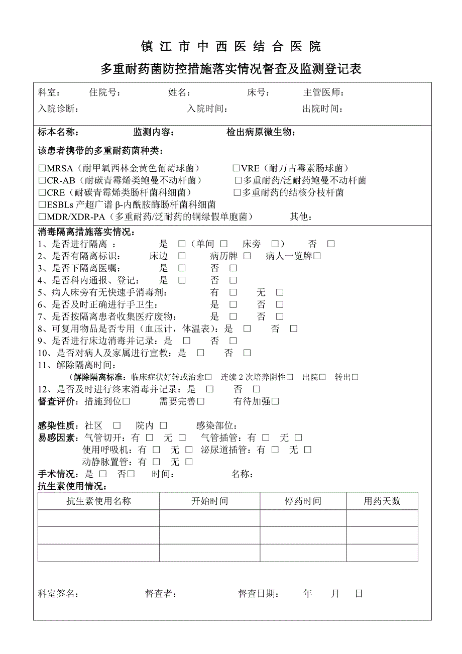 多重耐药菌防控措施落实情况督查及监测登记表_第1页