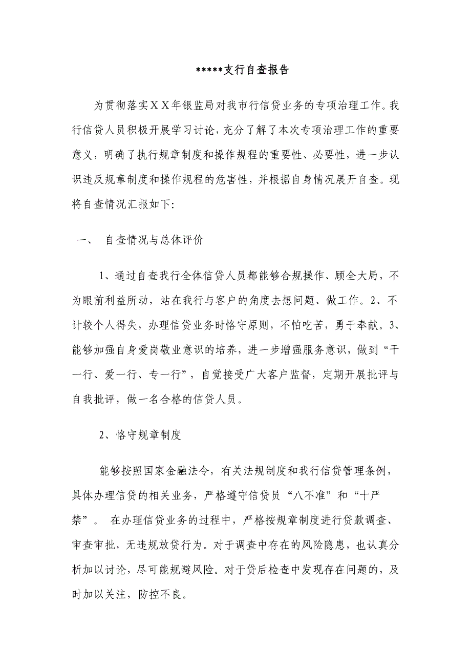 银行支行信贷业务自查报告_第1页