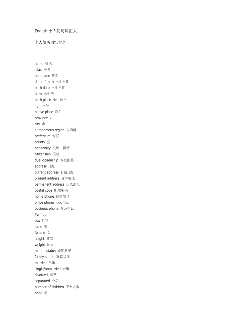 English个人简历词汇大_第1页