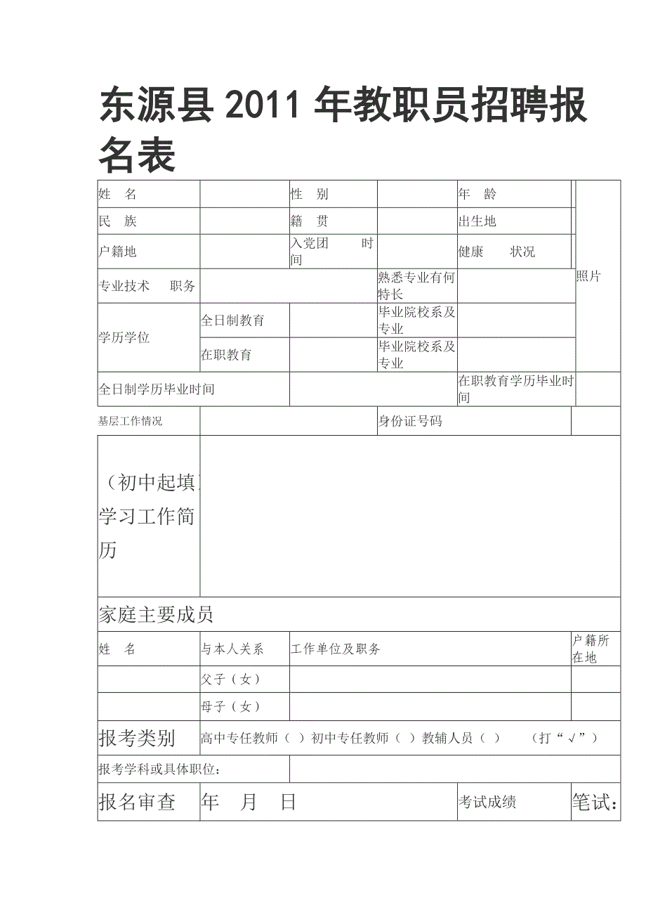 东源县2011年教职员招聘报名表_第1页