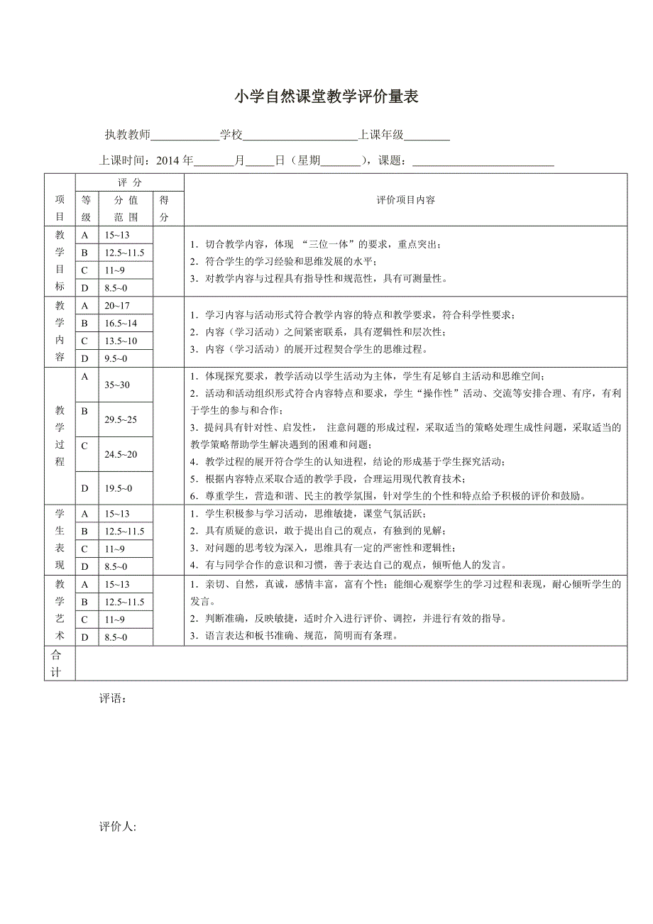 小学自然课堂评价表_第1页