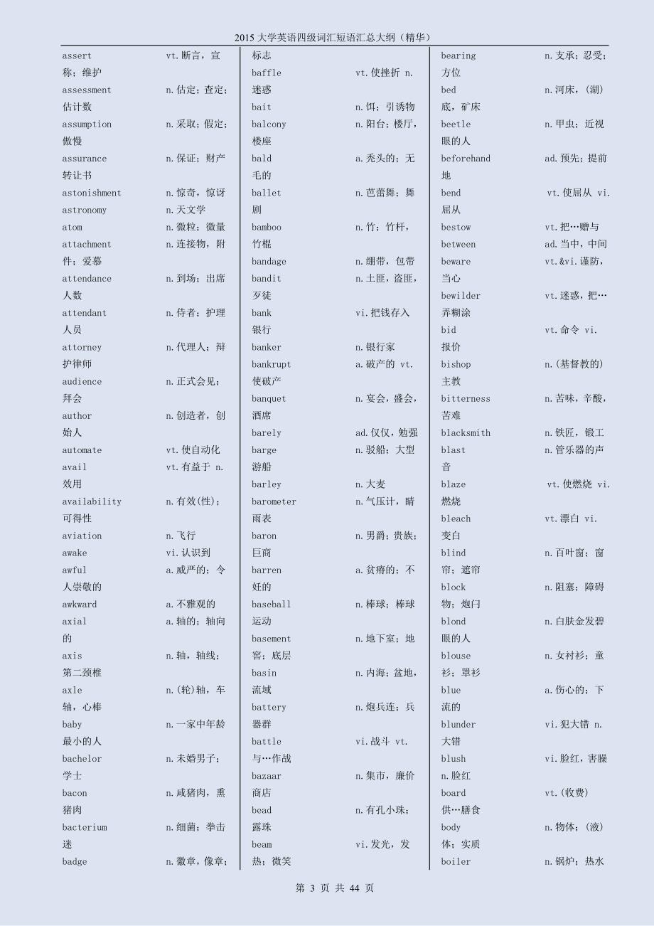 2016年大学英语四级高频词汇、短语汇总大纲(精华)_第3页