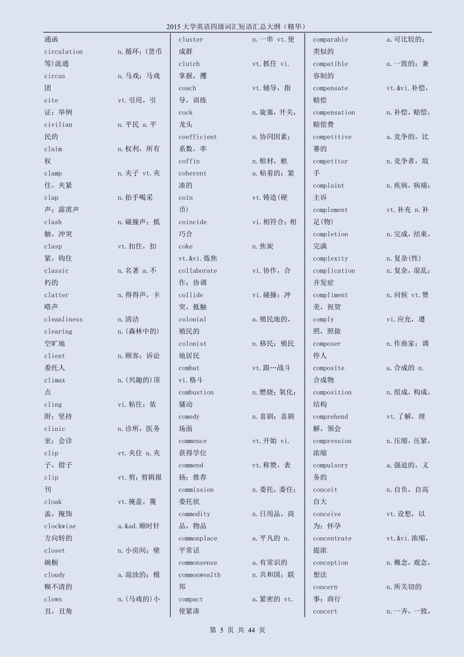 2016年大学英语四级高频词汇、短语汇总大纲(精华)_第5页