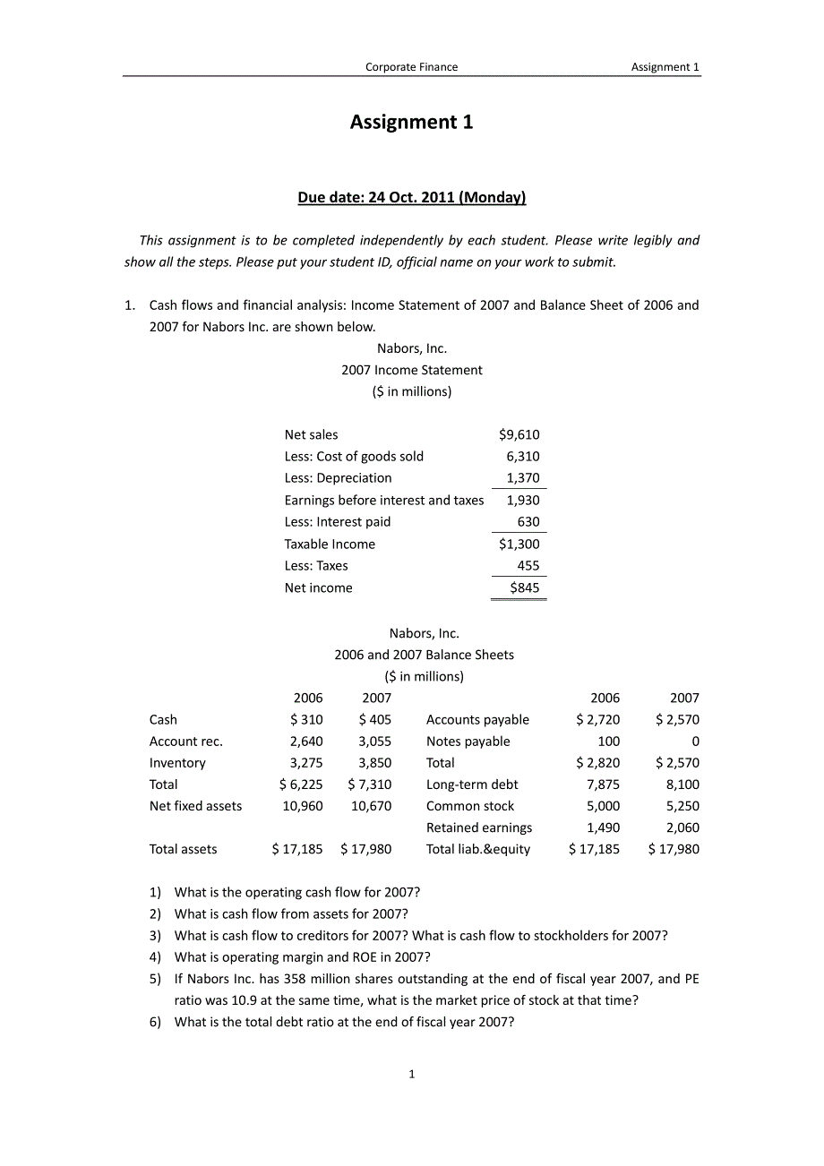 公司理财assignment 1_第1页