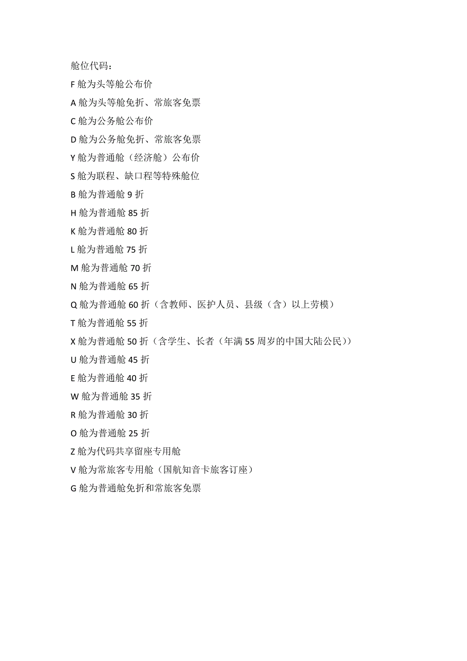 飞机座位等级、舱位代码_第1页