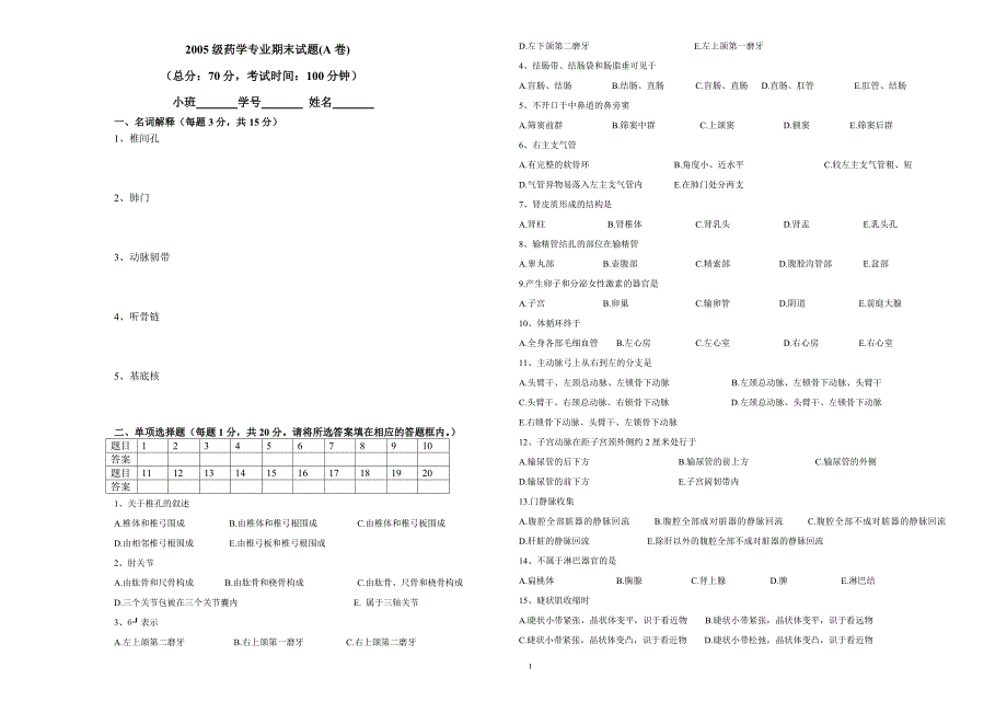 药学专业期末试题(A卷)_第1页