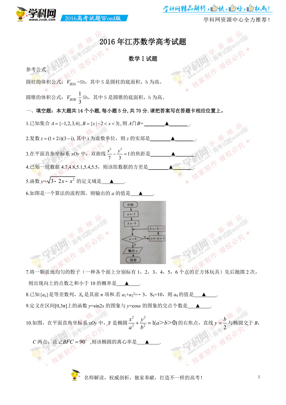 （精校版）2016年江苏数学高考试题文档版（无答案）_第1页