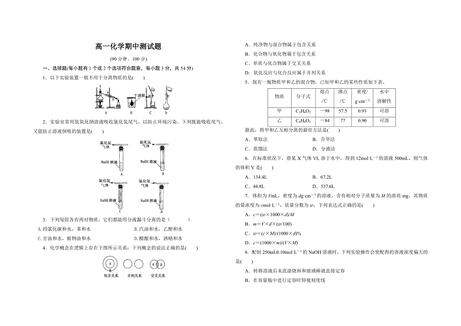 人教版高一化学期中测试题_第1页