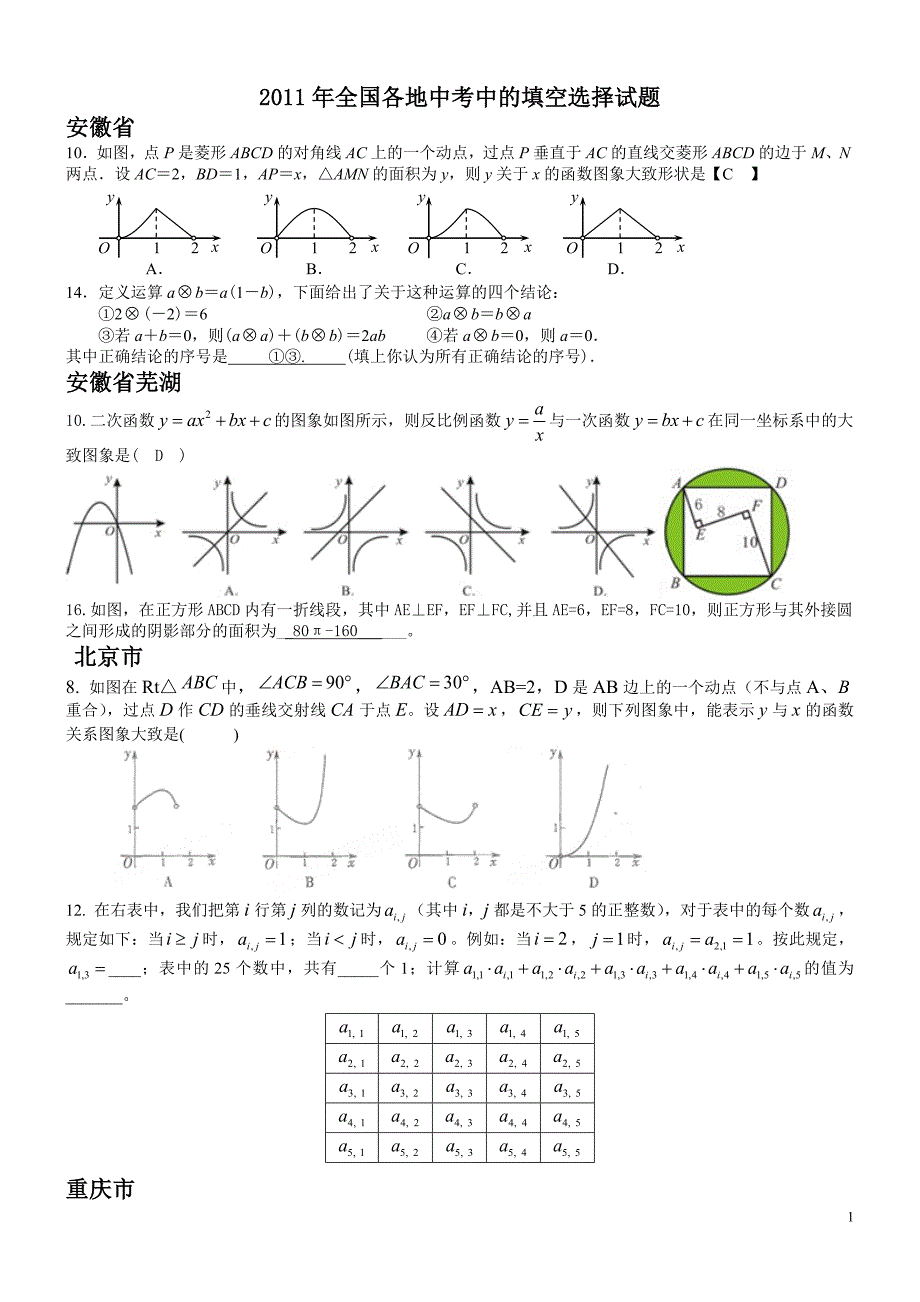 2012年中考数学选填压轴题模拟汇编(含答案)_第1页