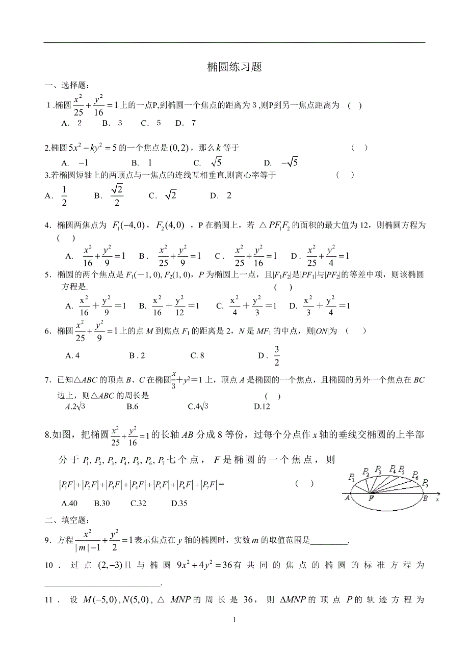 椭圆及双曲线(部分)练习题_第1页