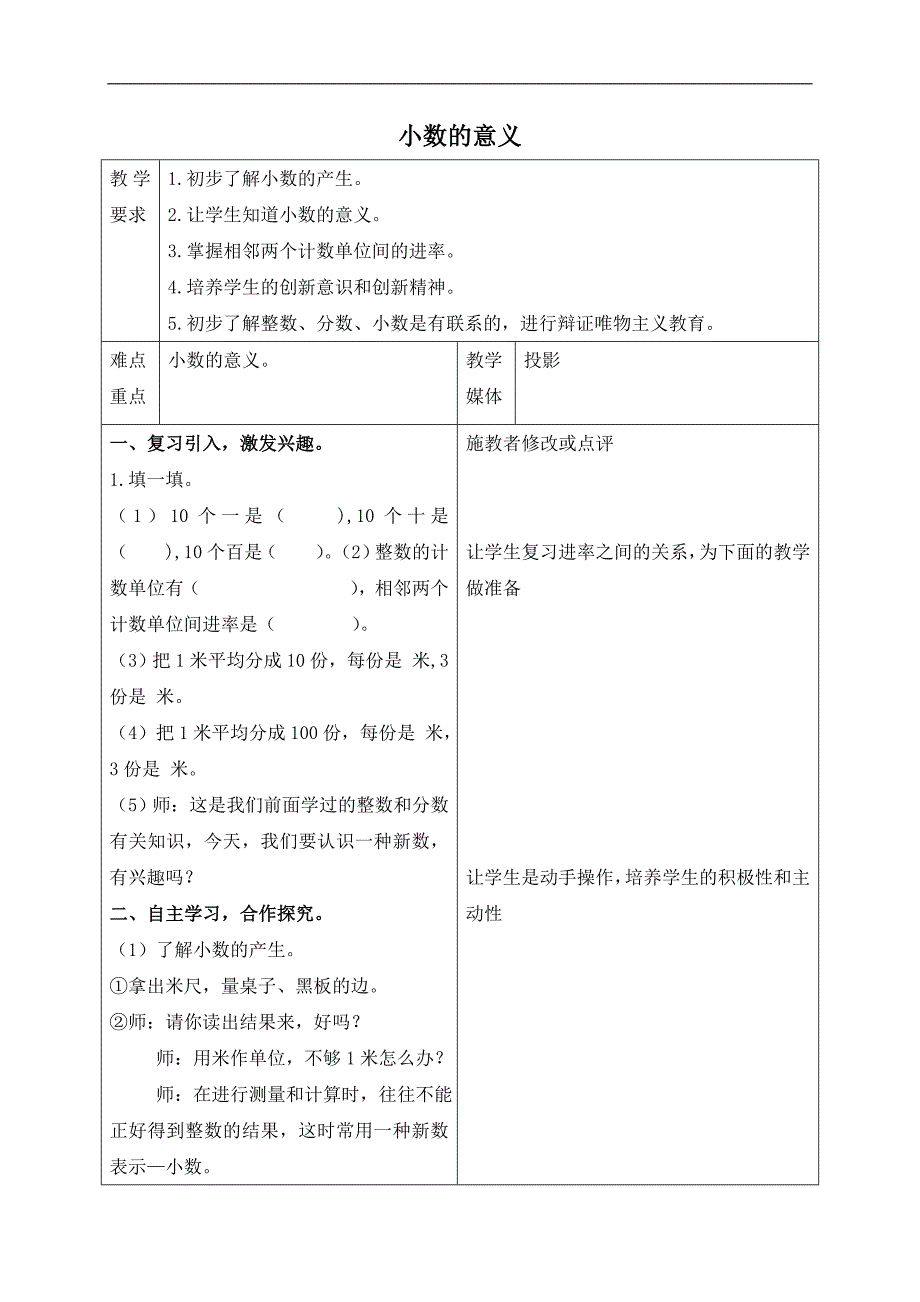 （人教新课标）四年级数学下册教案 小数的意义 1_第1页