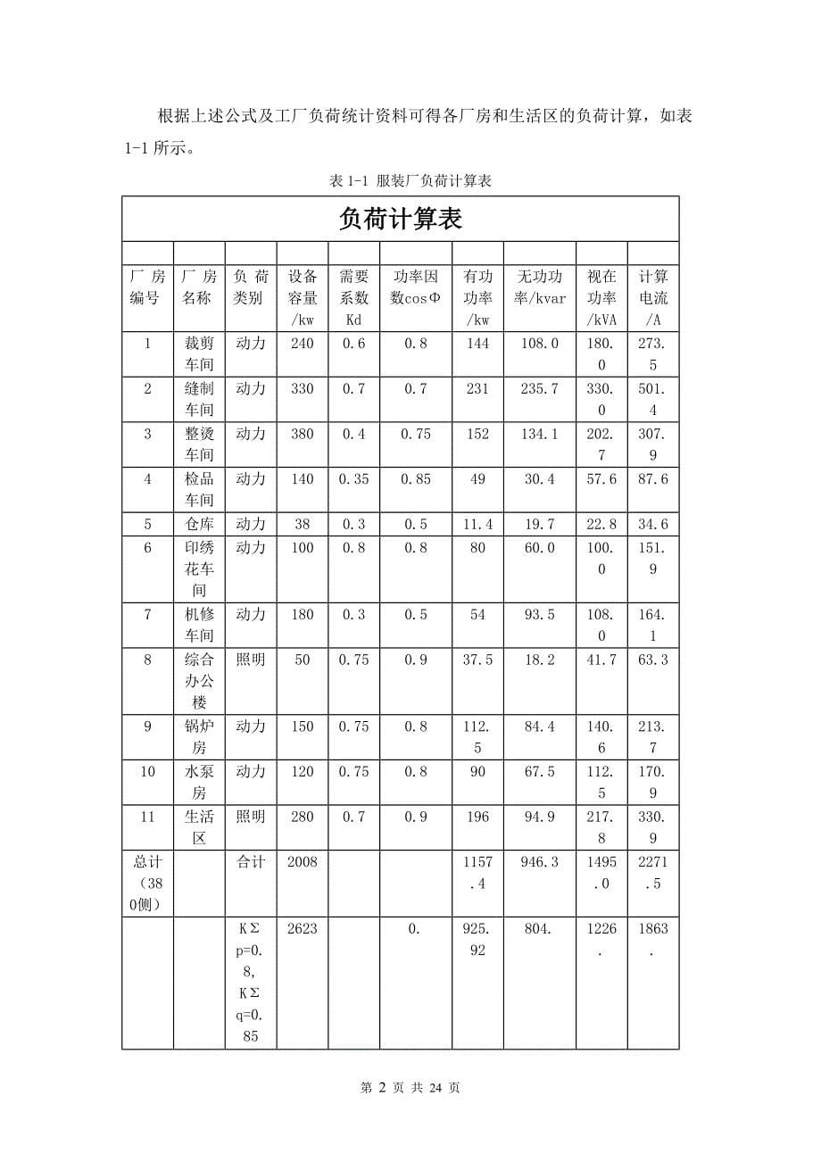 某服装厂降压变电所设计_供配电系统设计说明书_第5页