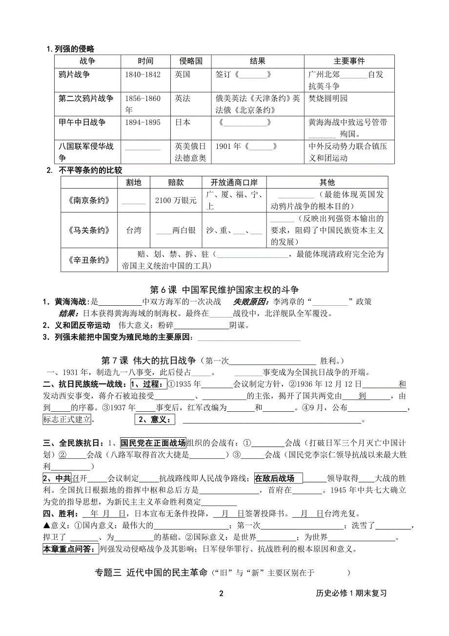 高中历史人教版必修一总复习全套填空及答案_第2页