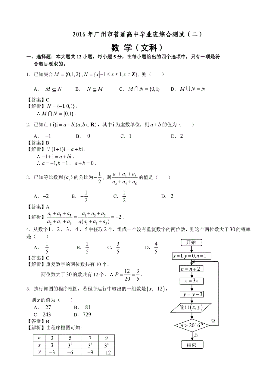 广东省广州市2016届高中毕业班综合测试（二）数学文试题（解析版）_第1页