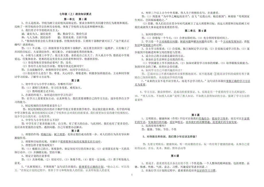 七年级(上)政治知识要点_第1页
