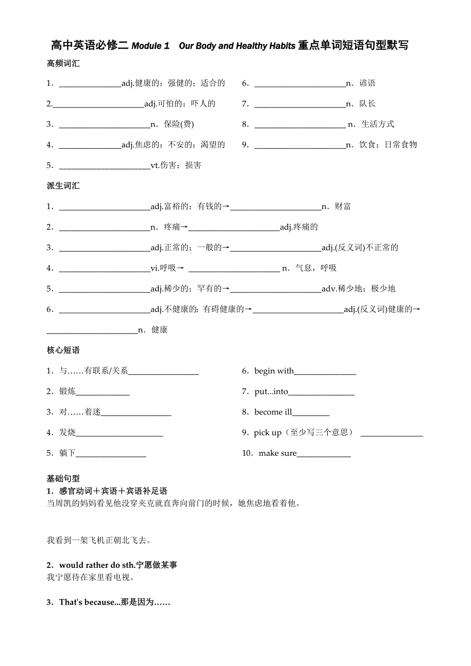 高中英语必修二Module1OurBodyandHealthyHabits重点单词短_第1页