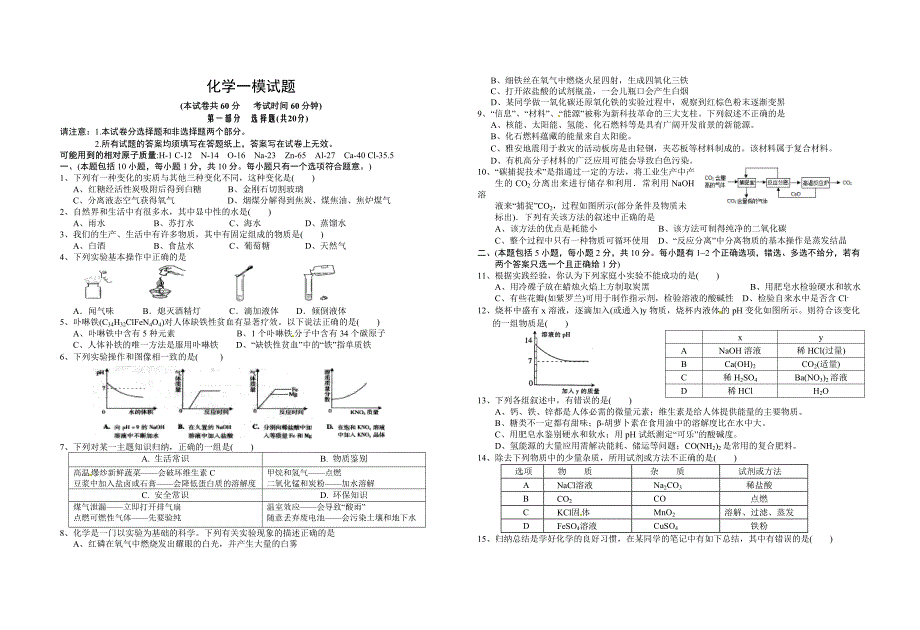 初三一模化学试题及答案_第1页