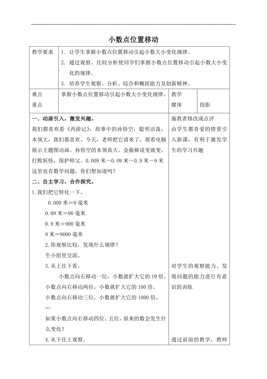 （人教新课标）四年级数学下册教案 小数点位置移动_第1页