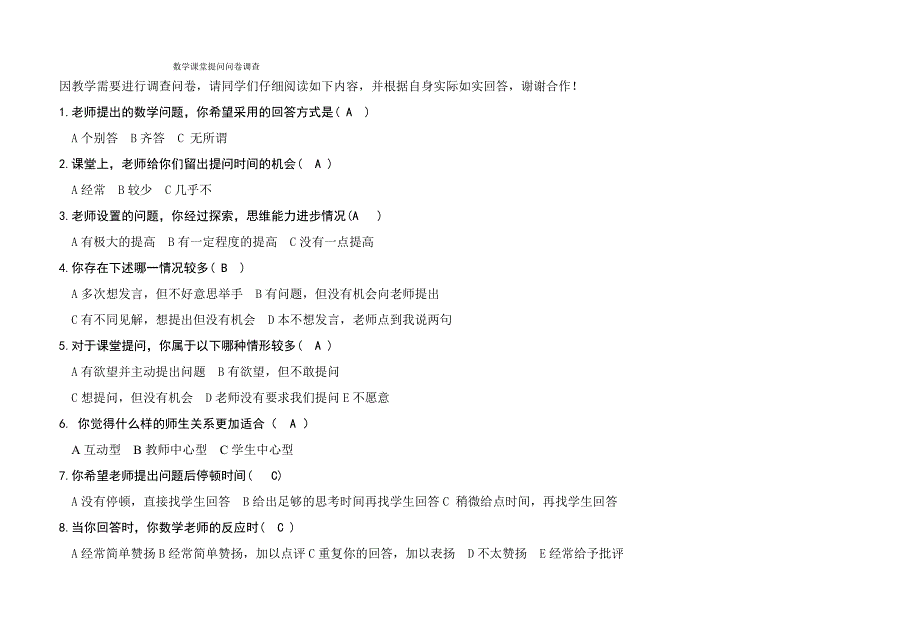 高中数学课堂提问问卷调查_第1页