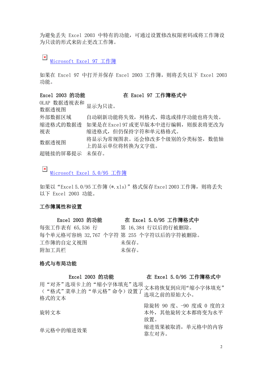 未在 Excel 文件格式转换中进行转换的格式和功能_第2页