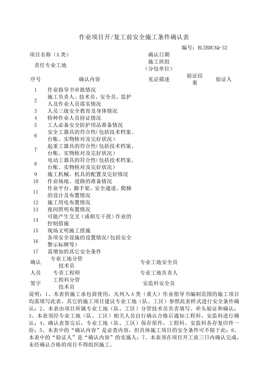 作业项目开工前安全施工条件确认表1_第1页