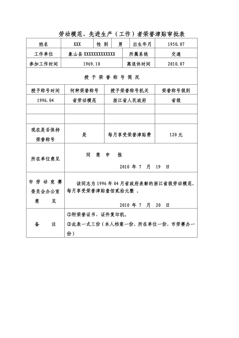 劳动模范、先进生产（工作）者荣誉津贴审批表_第1页