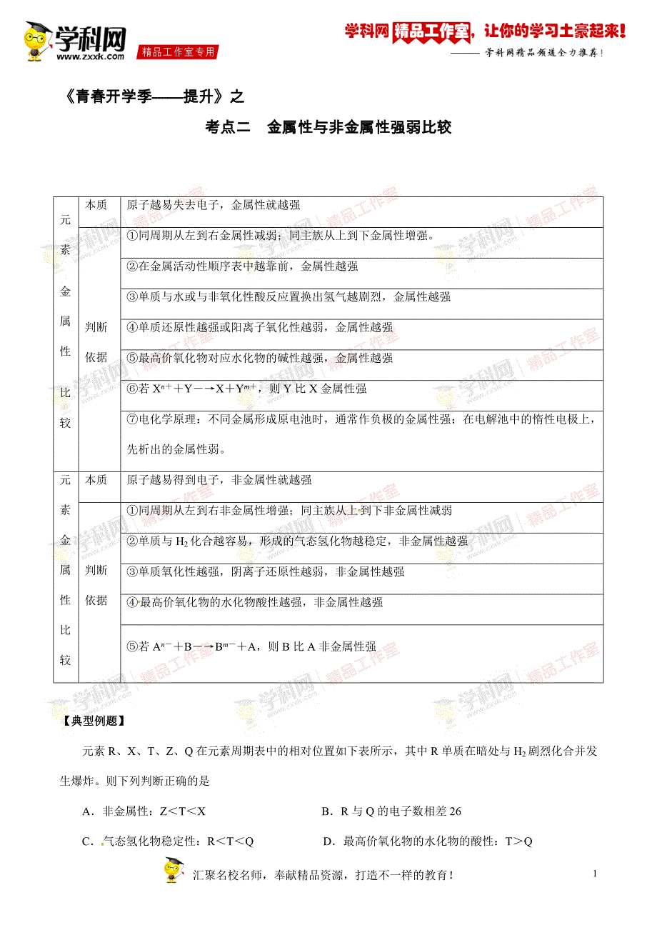 考点02金属性与非金属性强弱比较（提升）-2014-2015学年高一下学期化学开学总动员（必修2）（原卷版）_第1页