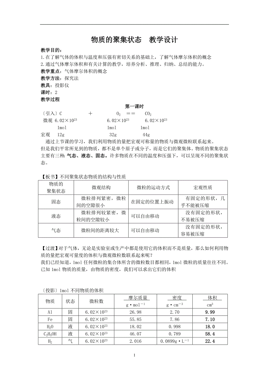 2013-2014学年高一化学苏教版必修一：1.1.3 物质的聚集状态(第1课时) 教学设计_第1页