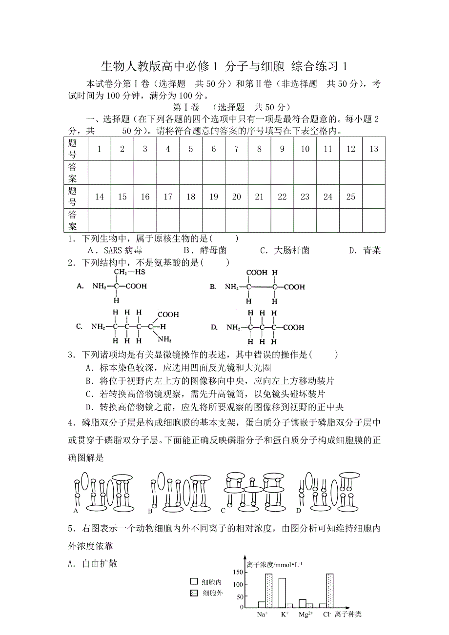 生物人教版高中必修1综合练习_第1页