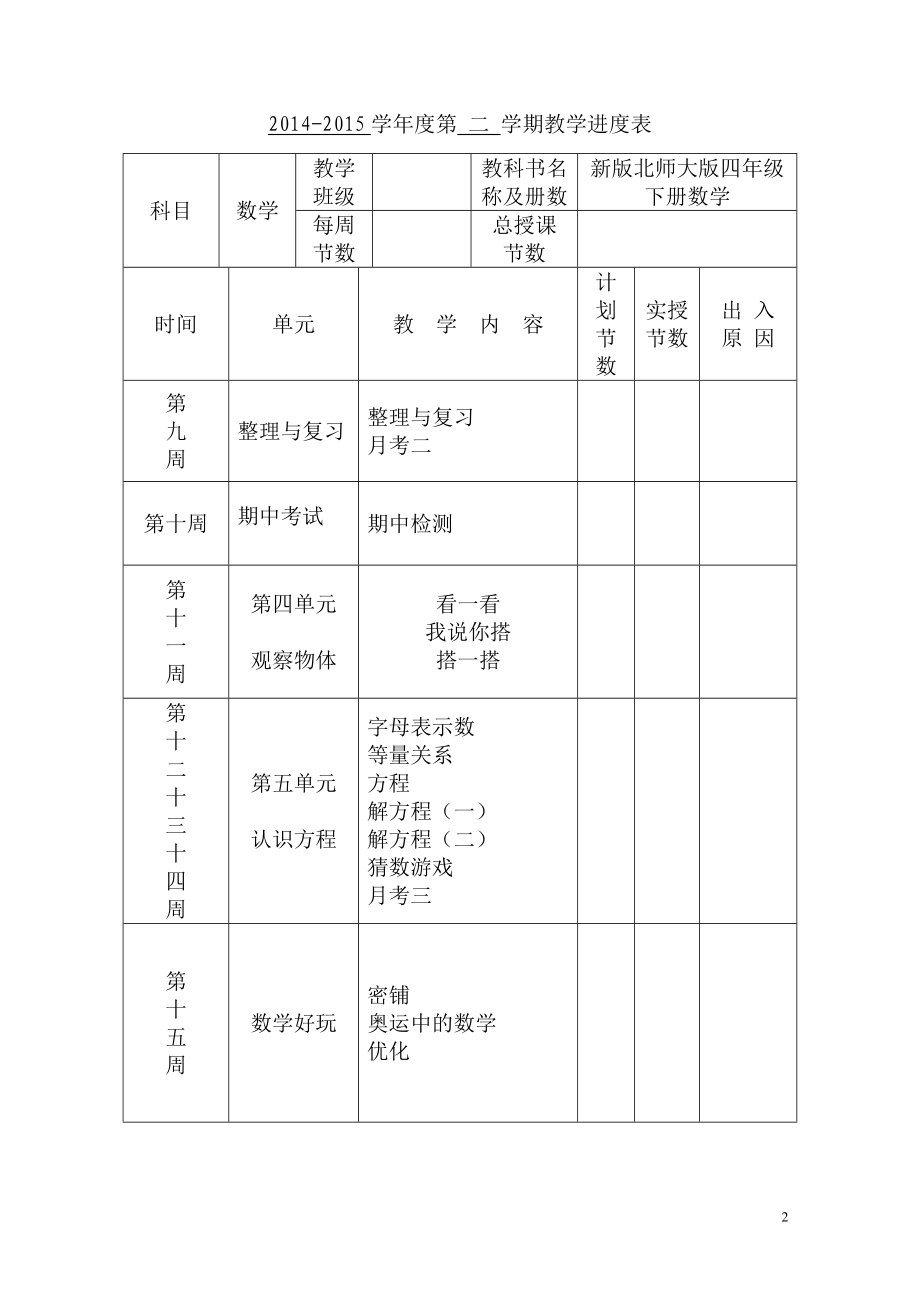 2014-2015学年度第二学期北师大版四年级下册数学全册教案_第2页