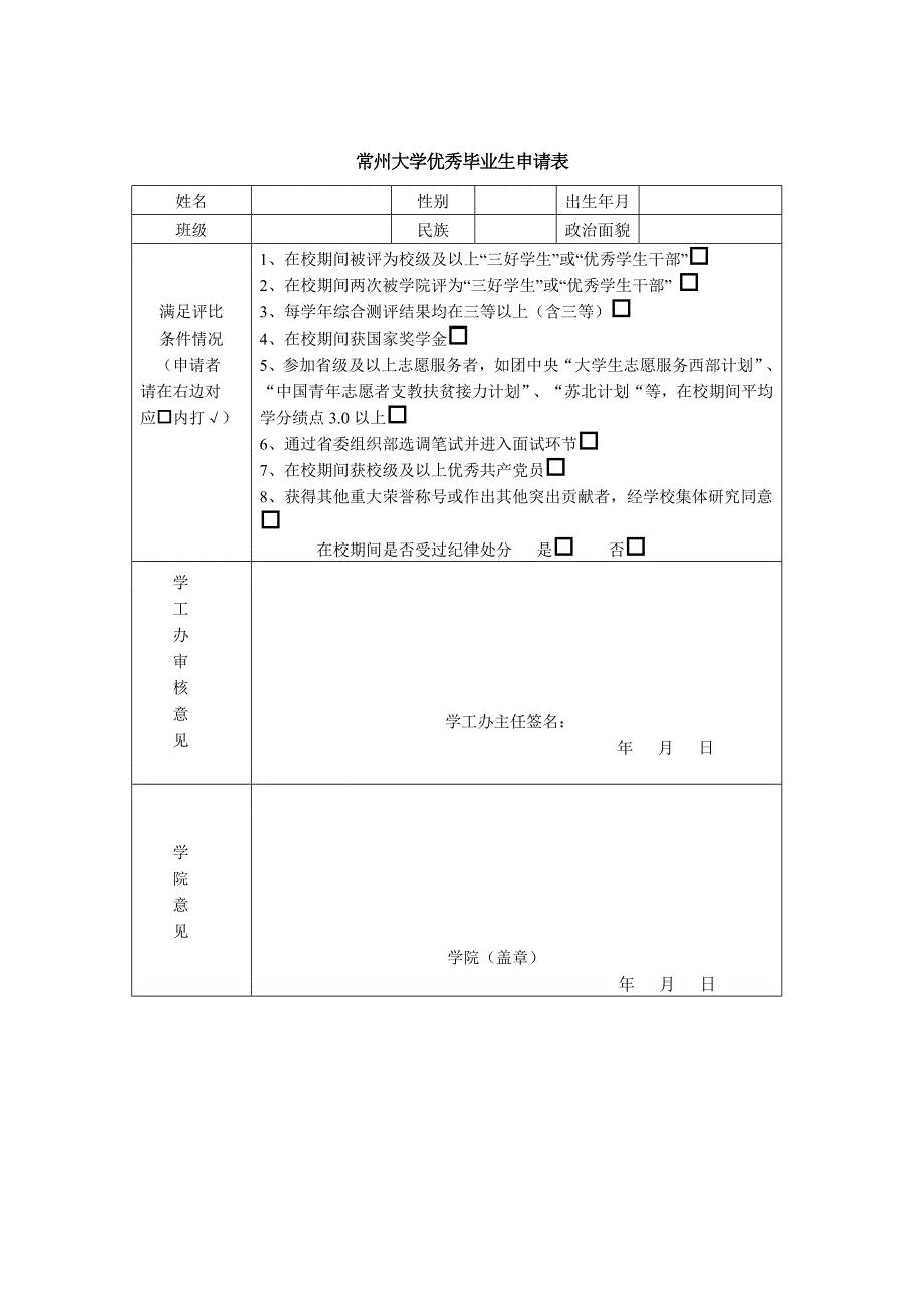 常州大学优秀毕业生申请表_第1页