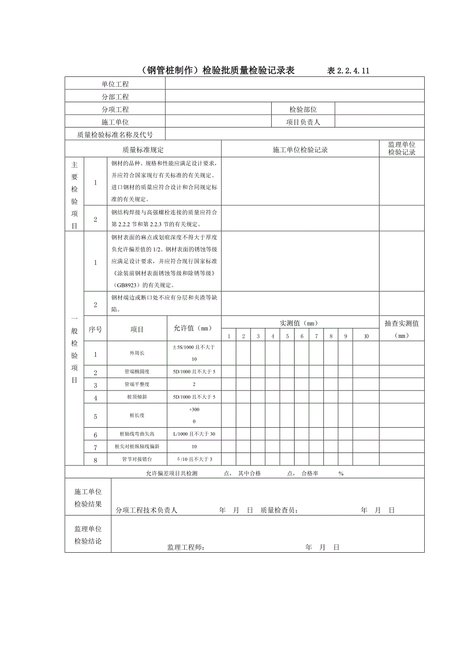 (钢管桩制作)检验批质量检验记录表_第1页