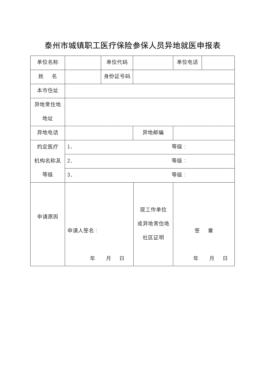 泰州市城镇职工医疗保险参保人员异地就医申报表_第1页
