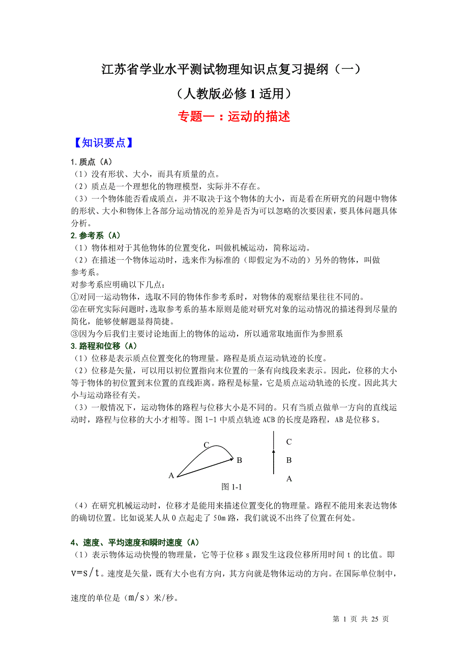 江苏省学业水平测试物理知识点复习提纲_第1页