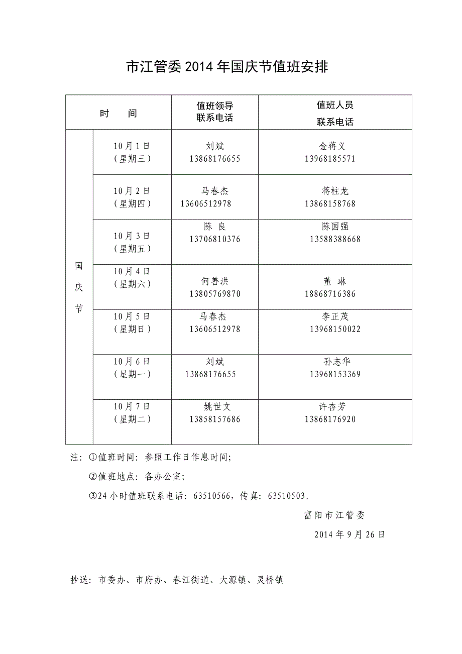 市江管委2014年国庆节值班安排_第1页